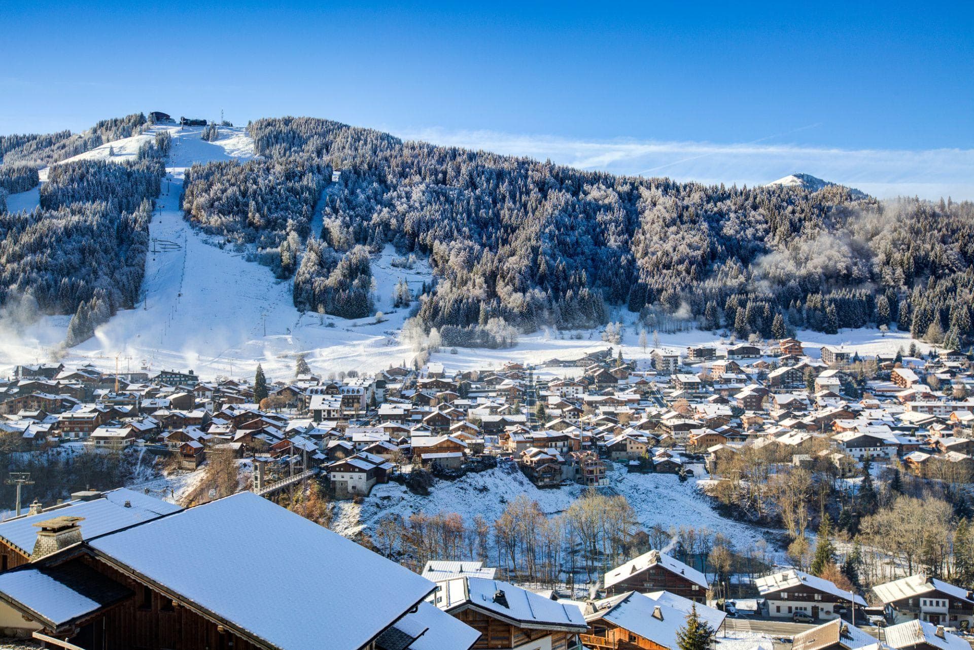 Village and mountain view with direct sightlines to ski slopes