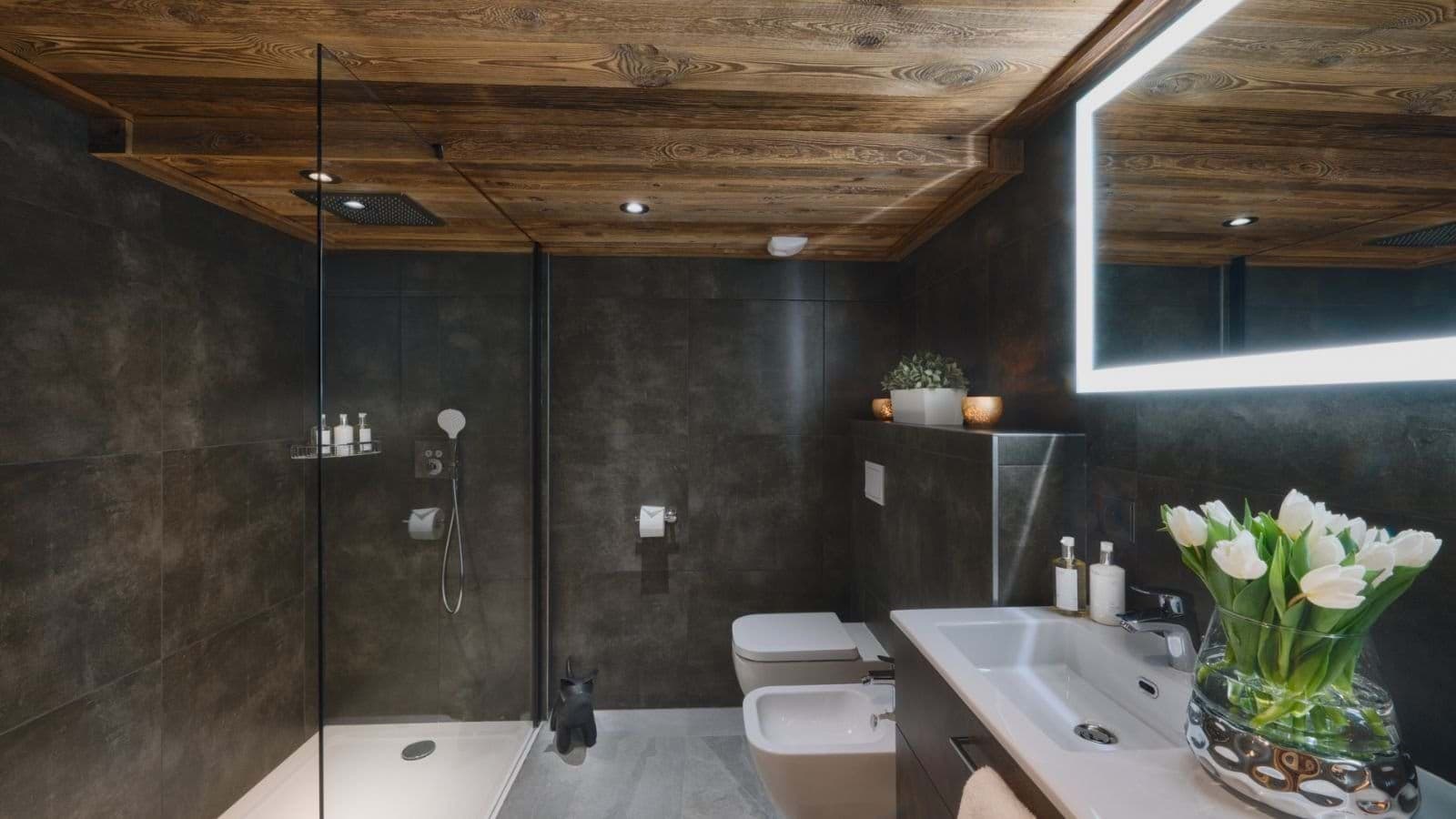 Bathroom with walk-in rainfall shower and bidet