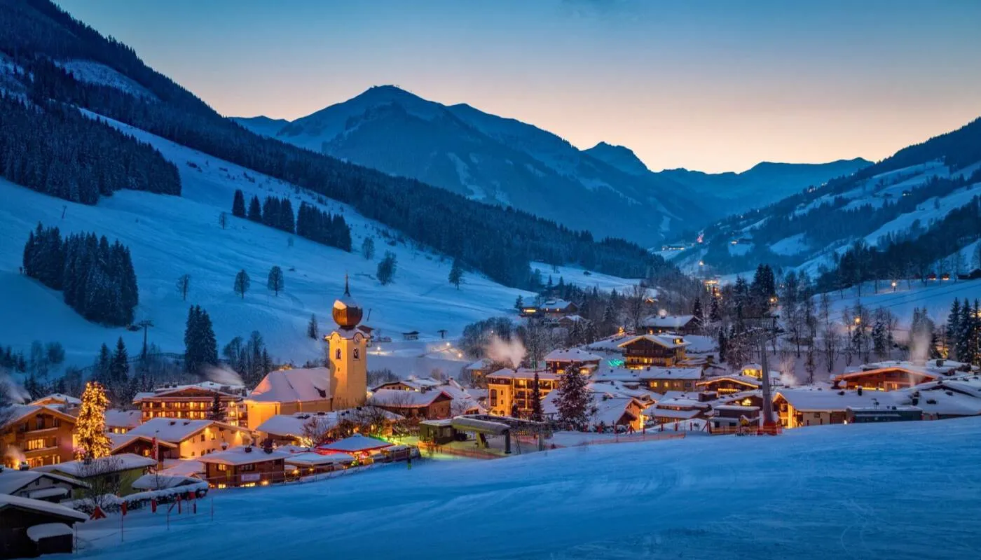 Saalbach village and mountain backdrop at dusk